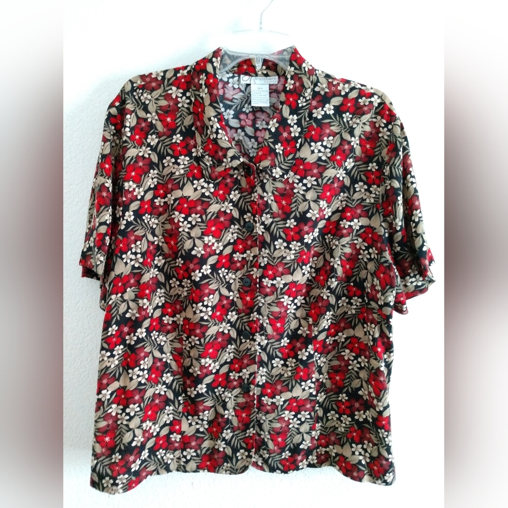 Pretty Vintage Dress Barn Floral Blouse Shirt Black Red Short Sleeve Size 16W